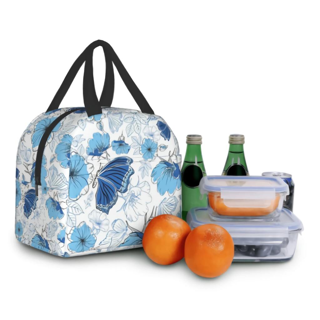 Blue Flowers And Butterflies Kids Lunch box Insulated Soft Bag Cooler Back to School Thermal Meal Tote Kit for Girls Boys