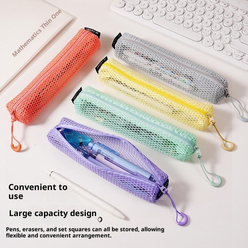 Portable Mesh Pencil Pouch Transparent Design with Smooth Zipper Hanging Hook for Business Trip Small Tools Storage