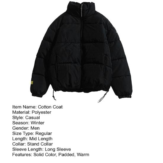 Men Cotton Coat Drawstring Hem Zipper Stand Collar Solid Color Padded Cold-proof