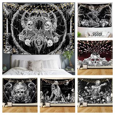 Gotik Kafatası Goblen Siyah Ve Beyaz İskelet Goblen Duvar Asılı Yatak Odası Hippi Gözler Boho Ev Dekor Trippy Ay Bezi