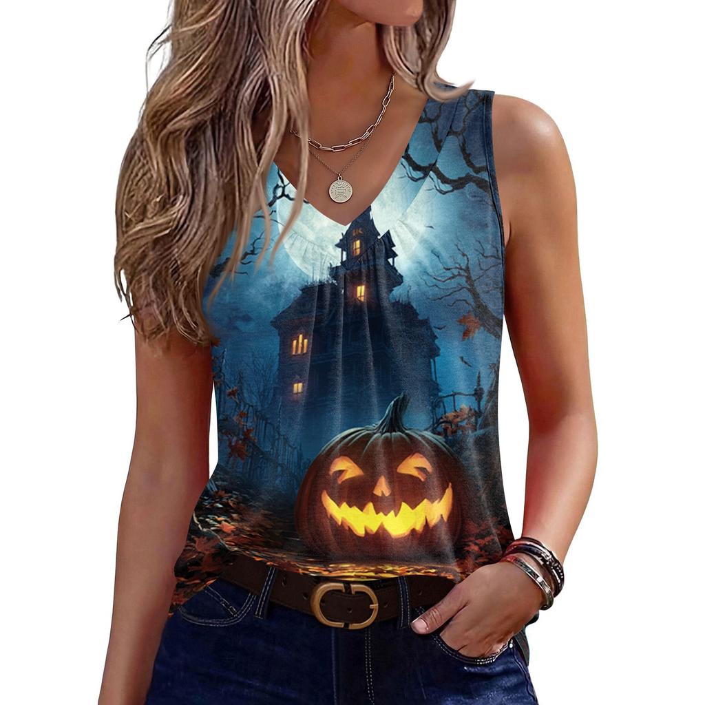 Women's Sleeveless V Neck Tank Top Casual Halloween Pumpkin Print Blouse Lightweight Summer Shirt for Everyday Wear