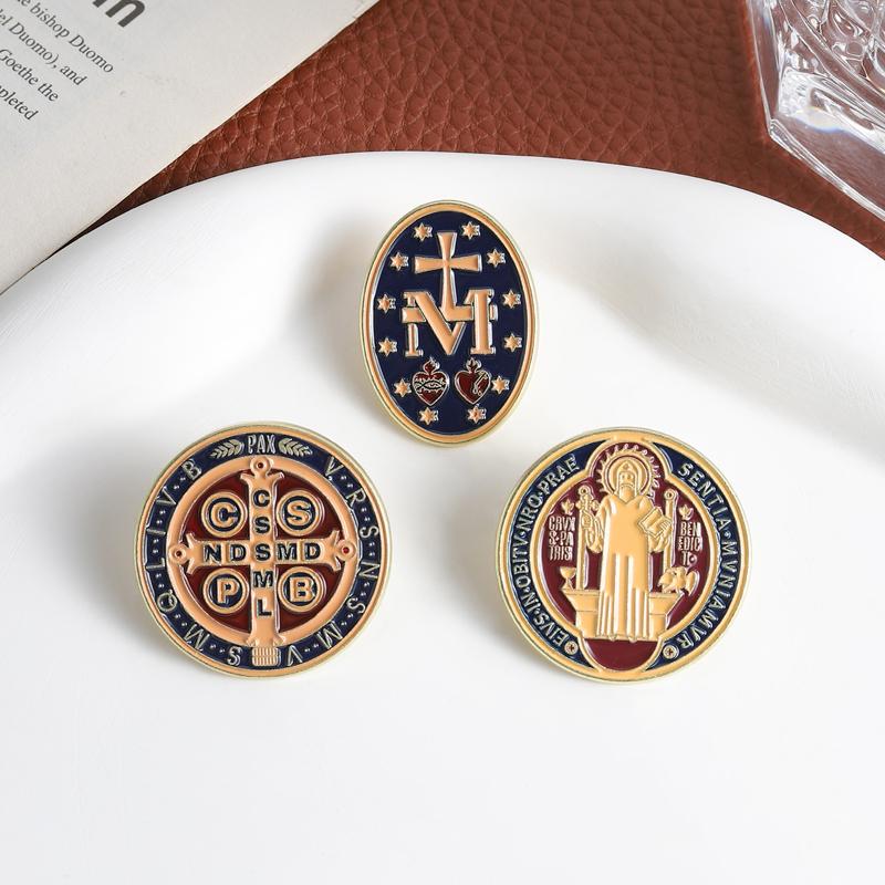 Catholic Saint Benedict Pins Vintage Religious Medal Brooches Exorcism Cross Monogram Badges Christian Faith Jewelry For Gifts