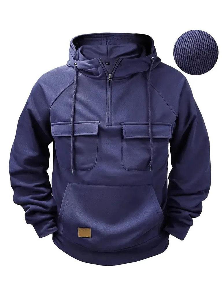 Men's American Retro Fleece Hooded Sweatshirt - Autumn/Winter Multi-Pocket Pullover Jacket