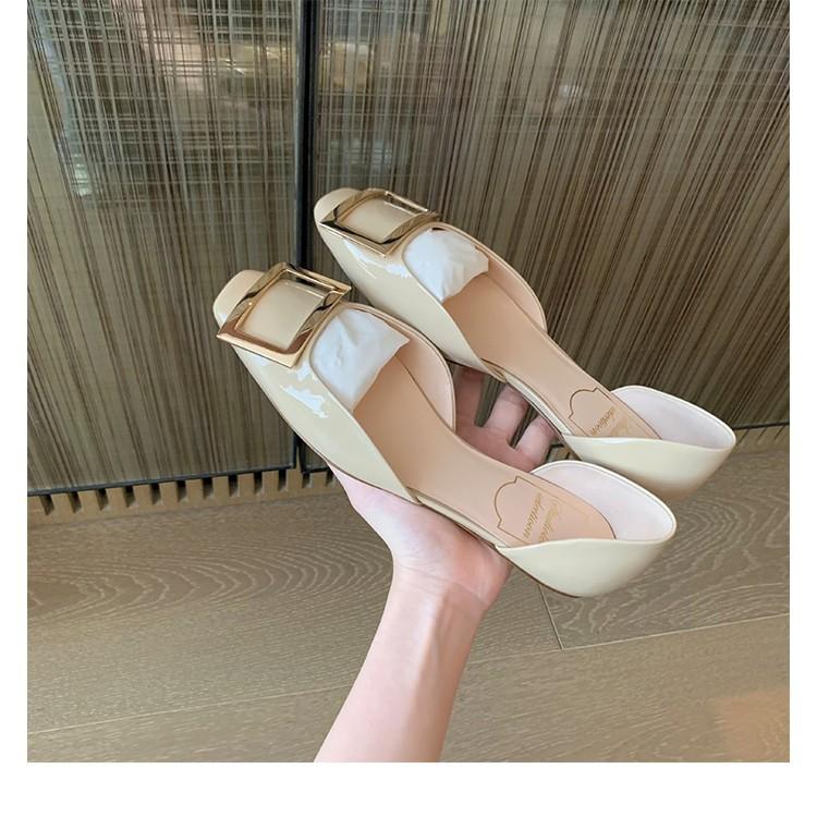 [] Female Director of Investment Bank~ Square Head Square Buckle Leather Hollow Single Shoes Women's Flat Shoes Commuting