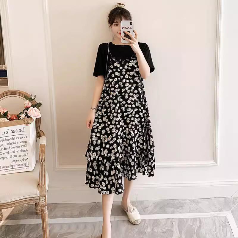 Plus Size Floral Cover-Belly Two-Piece Long Dress - Slim & Loose Fit for Summer