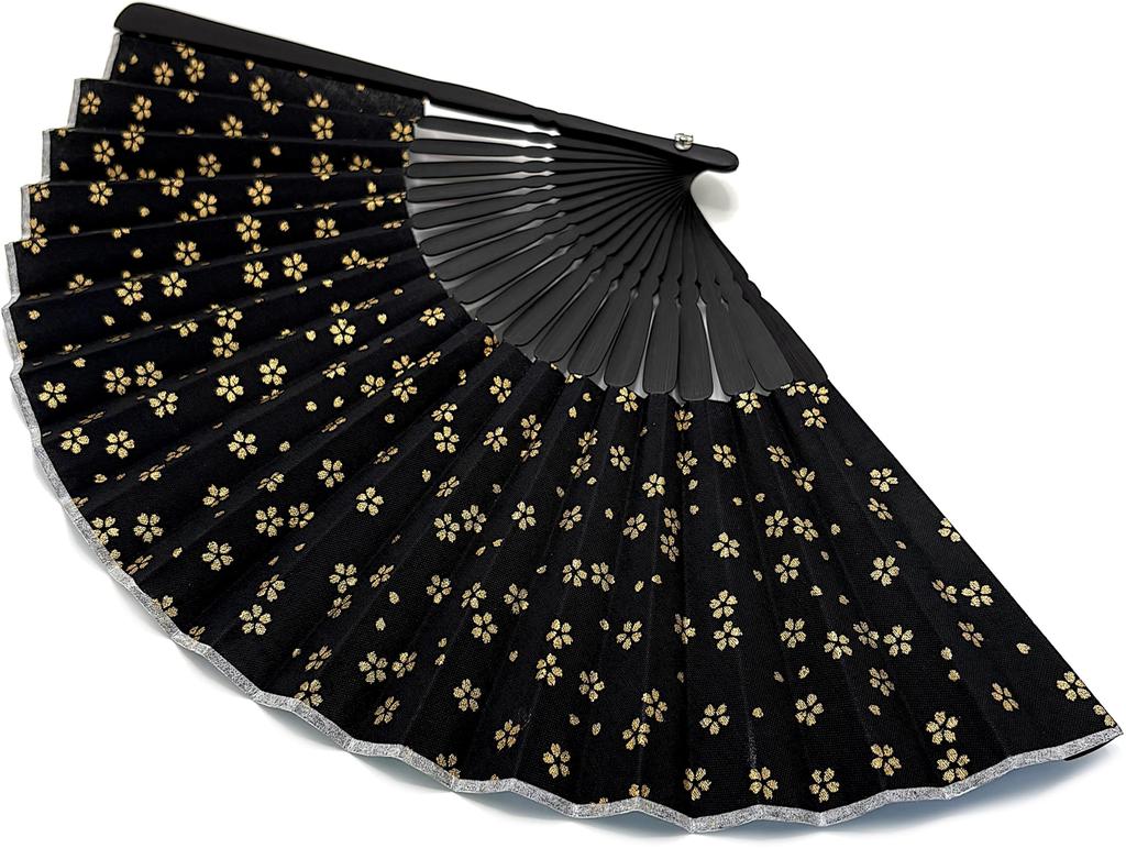 Folding Cherry Blossom Black with Gold Cherry Business Folding Fan [Hanakanzashi] Fan, Gold-Embossed Pattern, Men's & Women's, 100% Cotton, Approx.