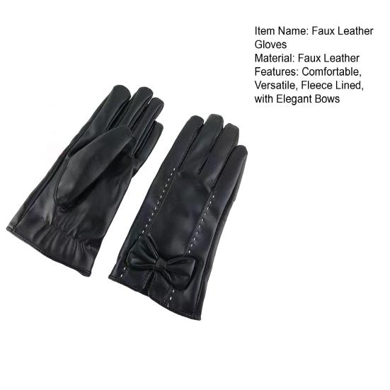 Women Faux Leather Gloves Fleece Lined Touch Screen Gloves Warm Winter Gloves with Bows for Driving Commuting Dating