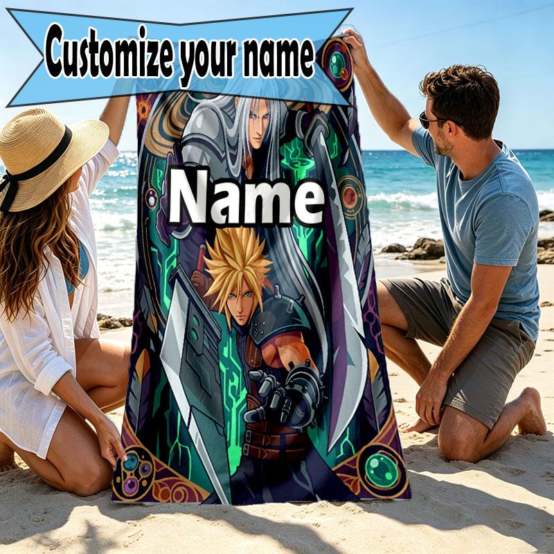 Custom Name Personalized Final Fantasy Print Beach Towel, for Trip Camping Beach Party Home Decor, Birthday Gift for Family & Friends