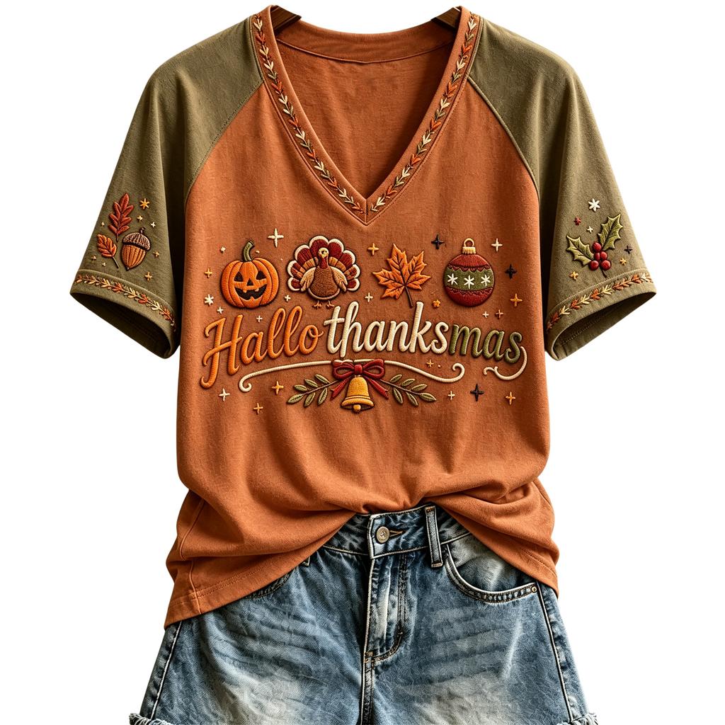 Women's Casual Short Sleeve V-Neck Pullover Top with Thanksgiving Print