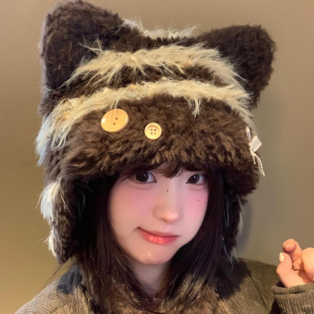 Cute cat ears bow knitted hat women's autumn and winter warm versatile face small big head circumference ear protection Lei Feng hat