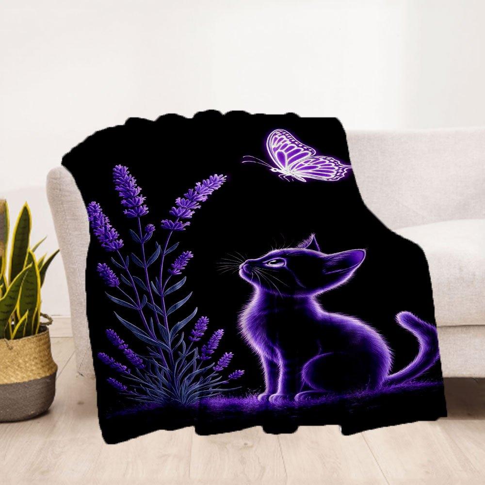 Purple Butterfly Lavender Cat Wall Art Print PosterBlanket Flannel Throw Blanket for Sofa, Bed, Travel, Camping, Office