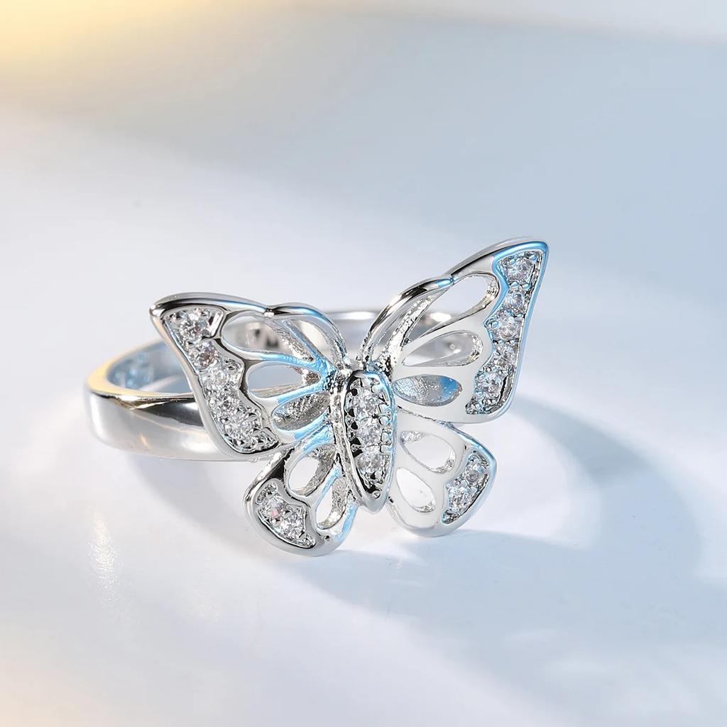 Fashion Female Ring  Stamp Silver Hollown-out Animal Butterfly Mosaic Cubic Zircon Wedding Rings for Women