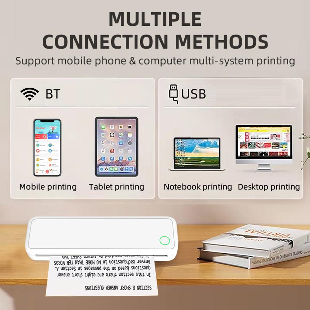 Wireless Mobile Travel Printer with Printing Paper BT Wireless Portable Printer Document Printing Maker Travel and Home Work Use