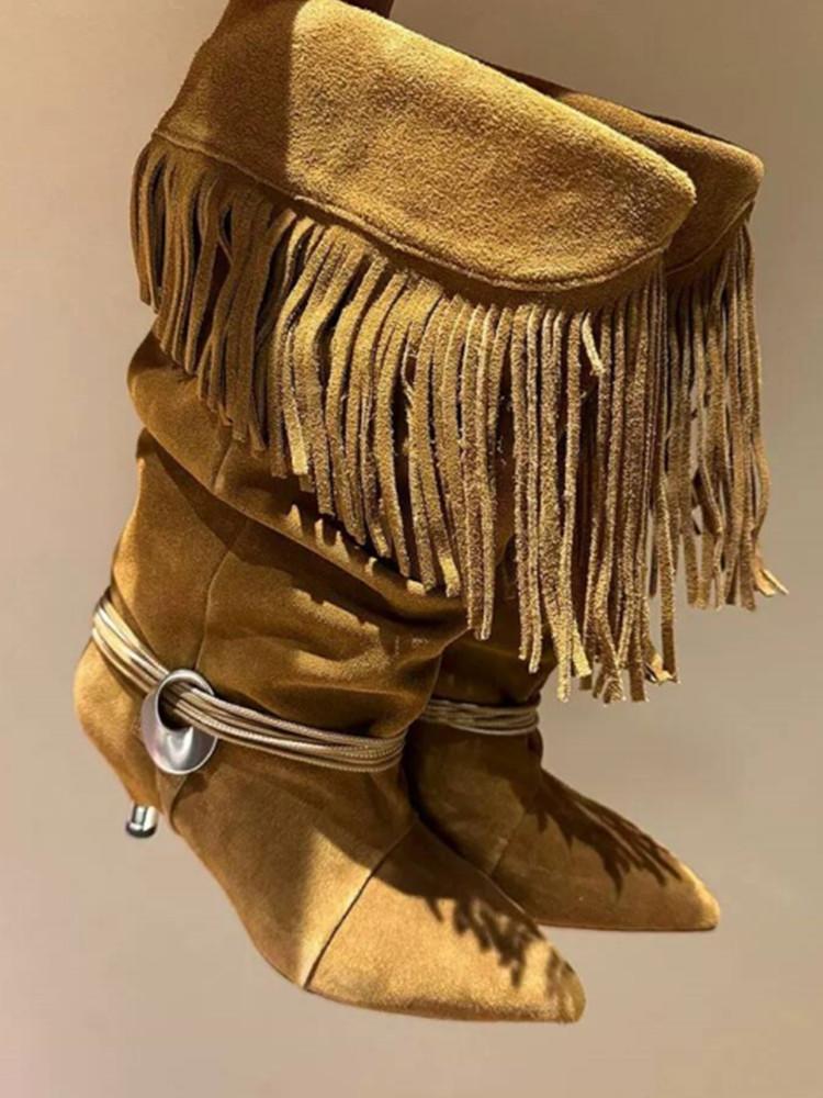 European and American Women's New Pointed Pleated 5cm Thin Heel Fringed Calf Boots, Knight Boots, Plus Size Mid Length Boots