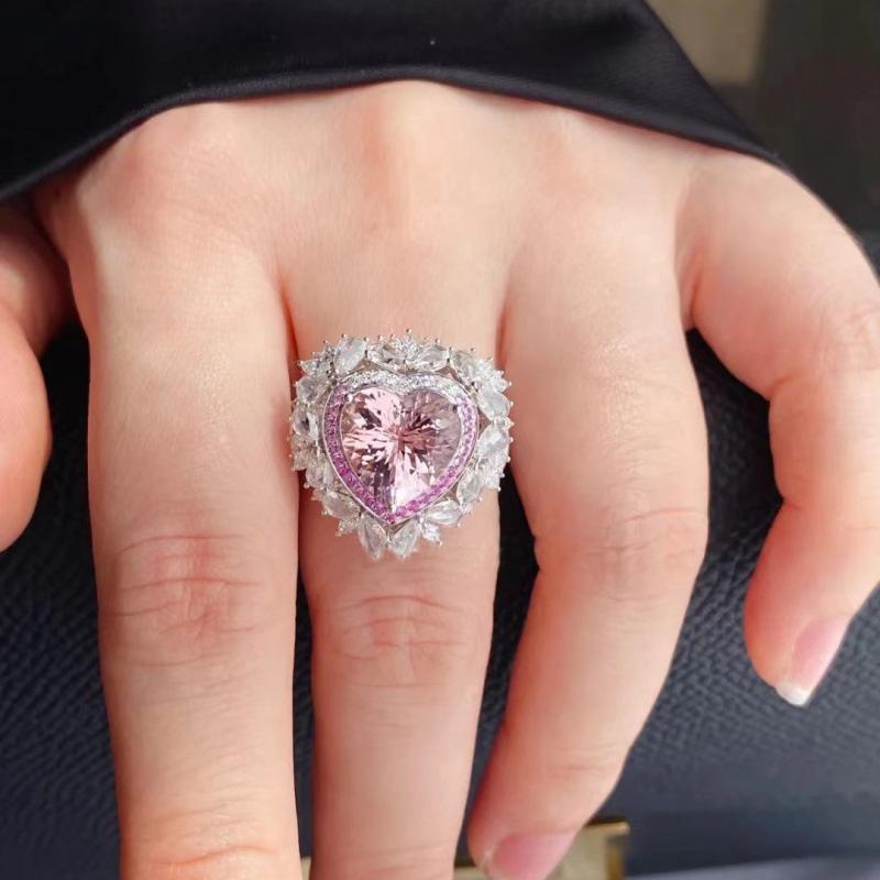 Pink Heart Zirconia Open Ring - Elegant Diamond Design for Index Finger Adjustable Size
