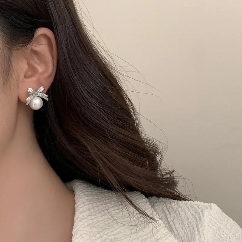 PONYKISS Sterlingové stříbro Perla ve tvaru mušle Zirkon Mašlička Pecky do uší pro ženy Roztomilé Jemné Minimalistické Doplňky