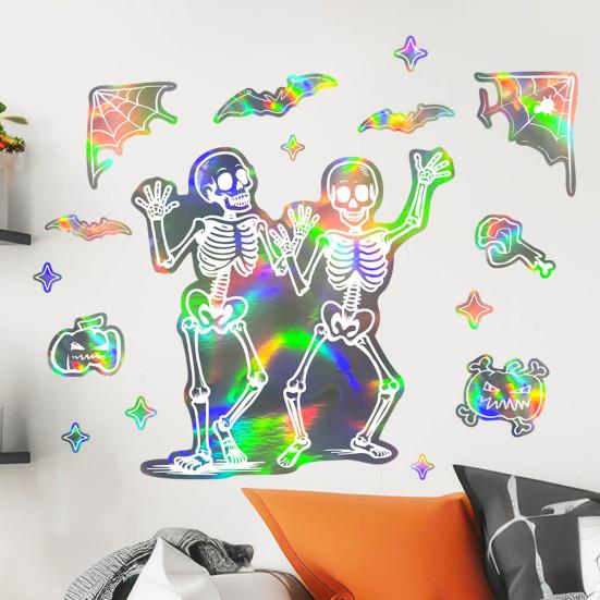 Halloween Skeleton Window Cling Waterproof PVC Holographic Skeleton Static Glass Sticker Home Bedroom Holiday Party Decoration Decal