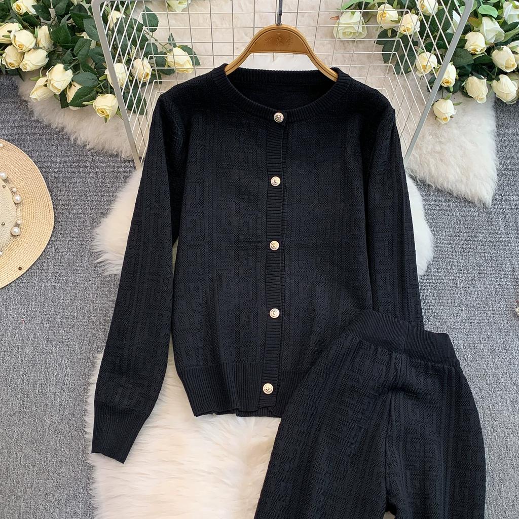 Jesień Zima Damski Designerski Wzorzysty Dzianinowy Sweter Spodnie Dwuczęściowy Zestaw Długi Rękaw Jednorzędowa Kurtka Top i Spodnie z Elastycznym Pasem Dres