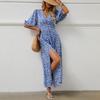 Women Casual Floral Print Bohemian Beach Dress Spring Summer V-neck Short Sleeve A-Line High Waist Elastic Ankle-Length Slit Dress
