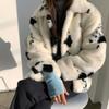 Winter Cotton Imitation Leather Coat for Women, Black and White Cow Pattern Loose Casual Imitation Mink Plush Coat for Women