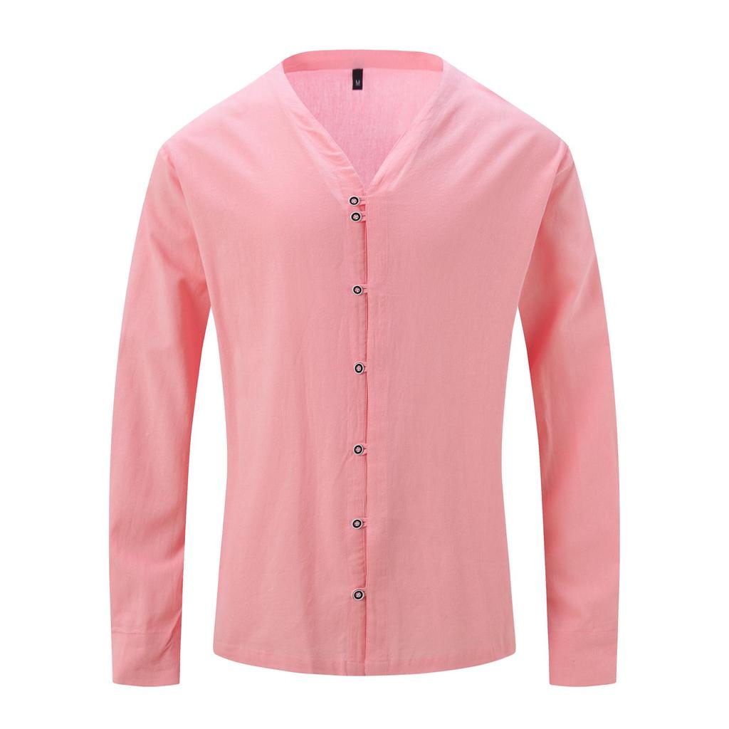 Camicie da Uomo Collo Alto 7 Bottoni Camicia Manica Lunga Tinta Unita Cotone Vintage Taglie Forti Top