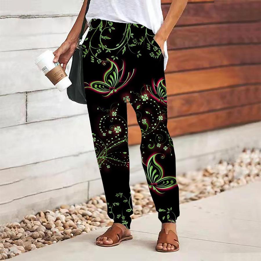 Women Butterfly Printing Pants Lace Up Elastic Waist Loose  Trousers Casual Long Pants Trousers with Pockets