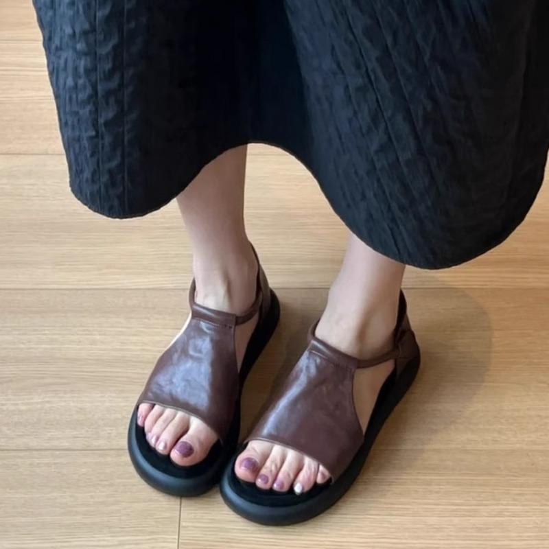 Damsandaletter med öppen tå, platta, sommar, retro, mjukt läder, bekväma, mjuk sula, mångsidiga, damers romerska skor