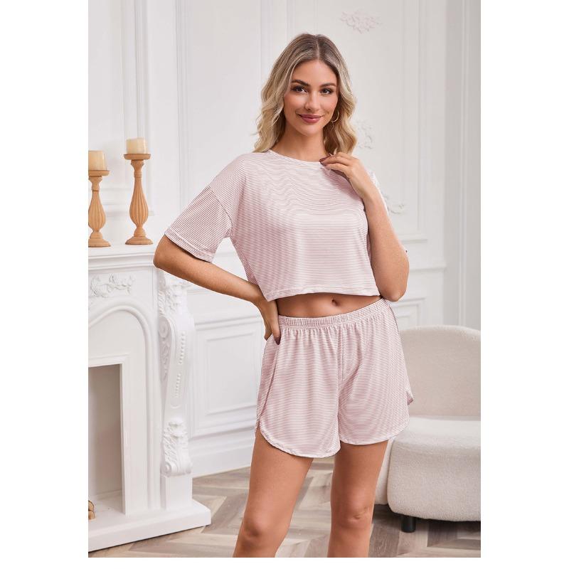 VEZFAA Women's Fashion Spring Summer Stripe Print Short Sleeve O‑Neck Casual Pajama Set