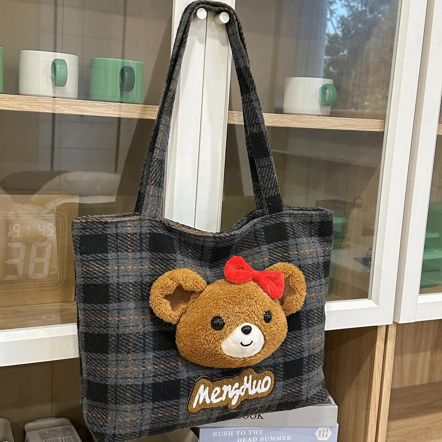New Women Simple Shoulder Bag Cute Bear Print Large Capacity Tote Bag Retro Plaid for Commute Casual and Versatile Storage Bags
