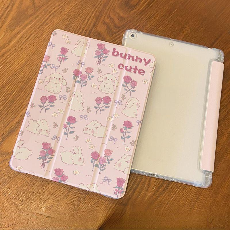 

Для iPad 2021 9th 10.2 чехол с милым цветочным узором кролика чехол из ТПУ для iPad Air6 11 Air5 Air4 10.9 Air3/Pro 10.5 с подставкой для карандашей iPad 2021 Gen9（10.2）