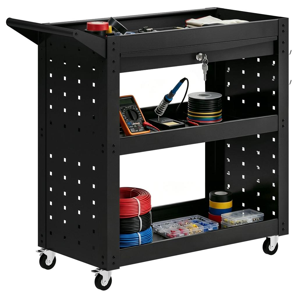 Tool Cart with Lockable Wheels, Rolling Workshop Cart with 3-Tier Trays, Drawer, Pegboards, Black