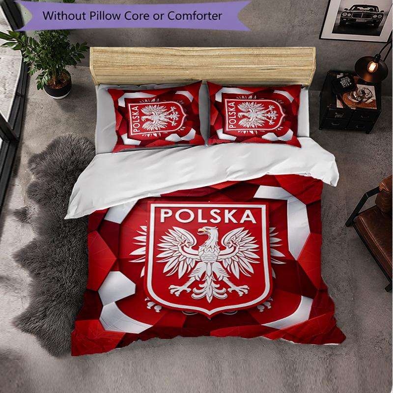 Poland Football Pattern 3 Pieces Bedding Set Soft Microfiber Duvet Cover with Pillow Cases for Bedroom