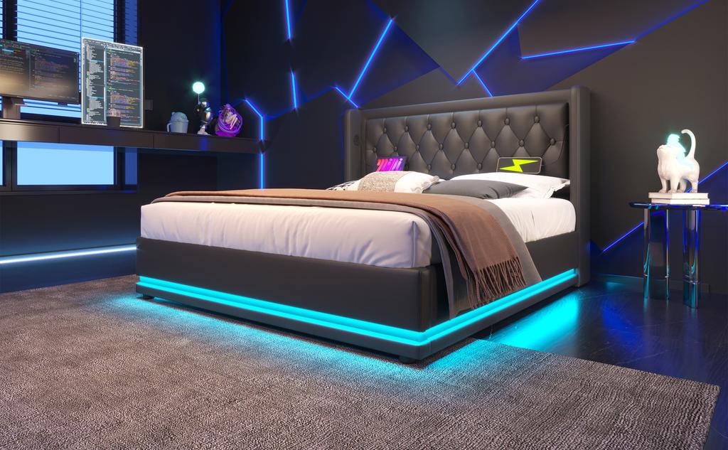 Upholstered double bed 160*200 cm, black PU hydraulic storage bed, headboard with USB Type-C charging, 3-sided LED (mattress not included)