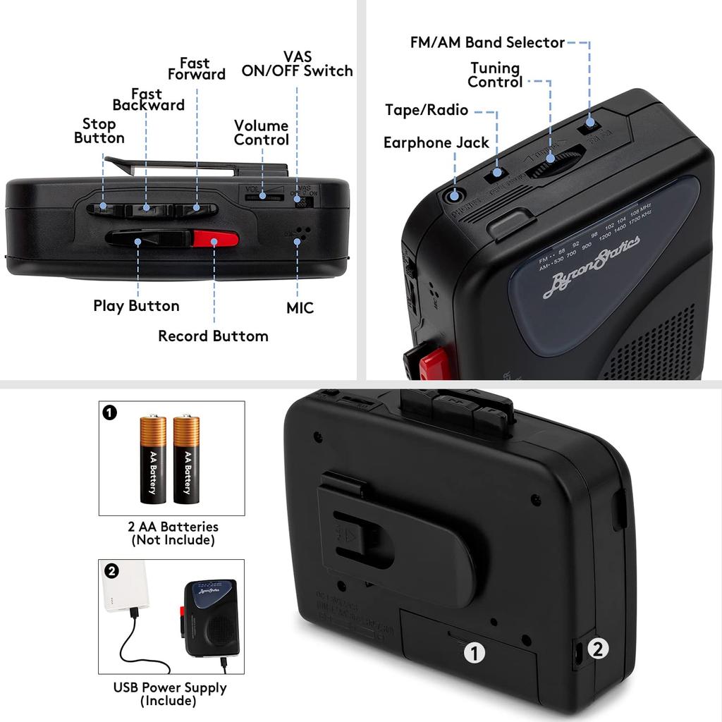 ByronStatics Portable Cassette Tape External Manual VAS 2 AA USB Powered Headphones Player, Recorder, FM/AM Radio, Walkman, Player, Built-in