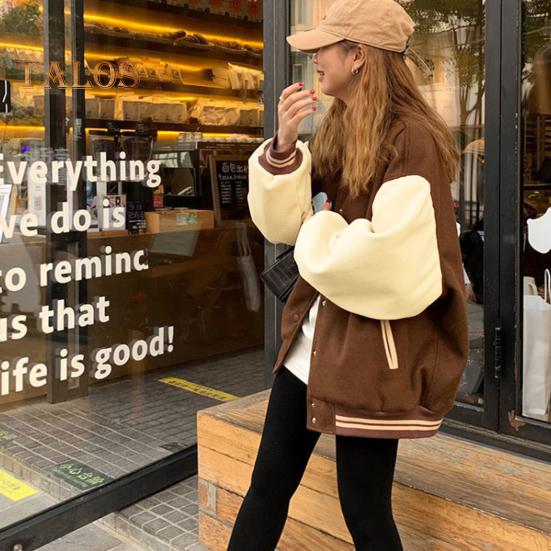 Damer Baseballjakke Fargeblokk Elastisk Mansjett Kant Ståkrage Unisex Løstsittende Overbekledning Enkeltspent Retro Amerikansk Stil Streetwear Parjakke