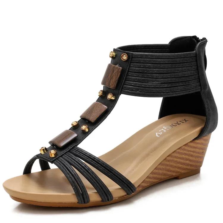 

Women Zipper Sandals Ladies Open Toe Flower Wedge Back Strap Shoes Female Casual Narrow Band Fashion Woman Sandal Summer 42 чорний