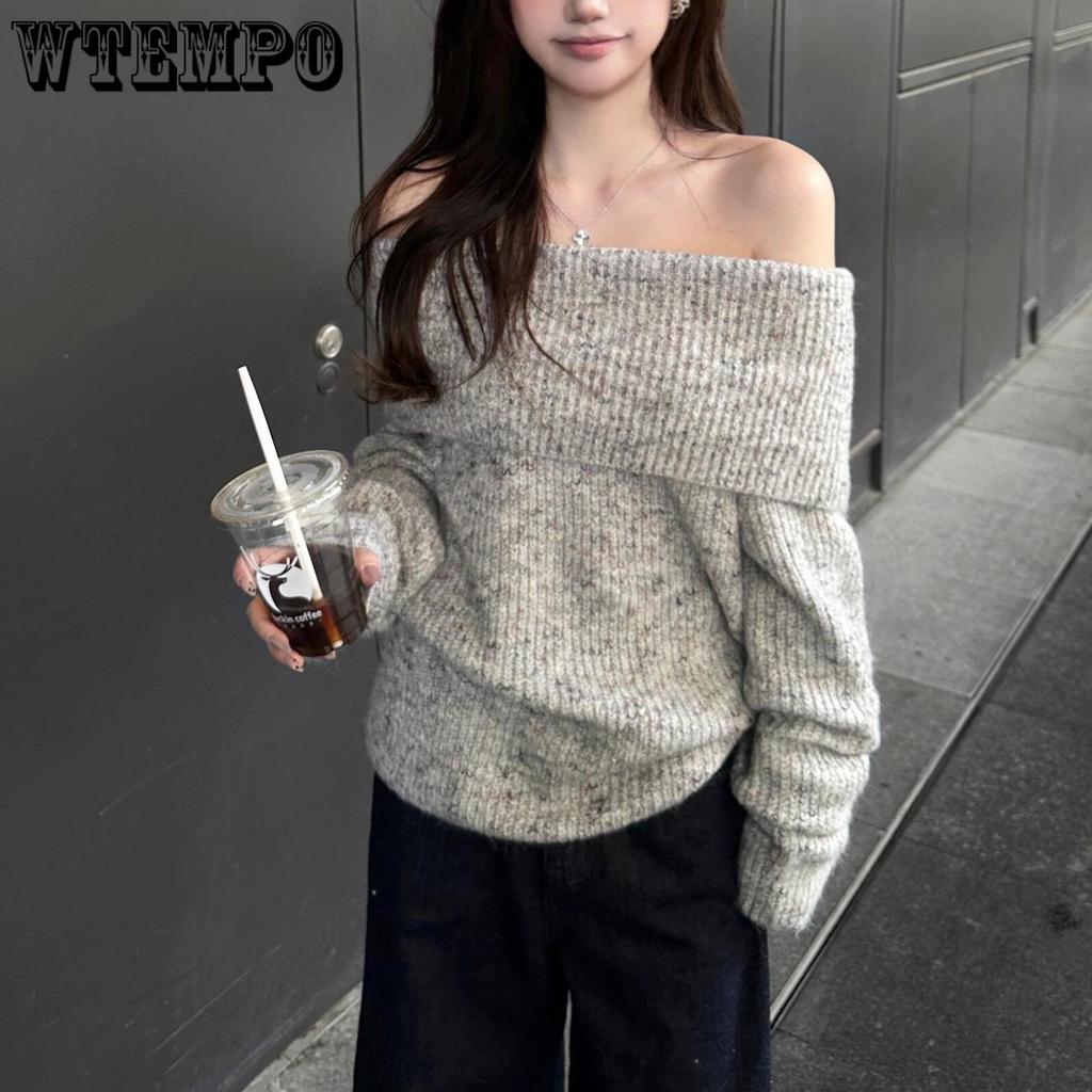 Svetr s odhalenými rameny Pletený top s dlouhým rukávem Pulovr pro ženy Ležérní temperament