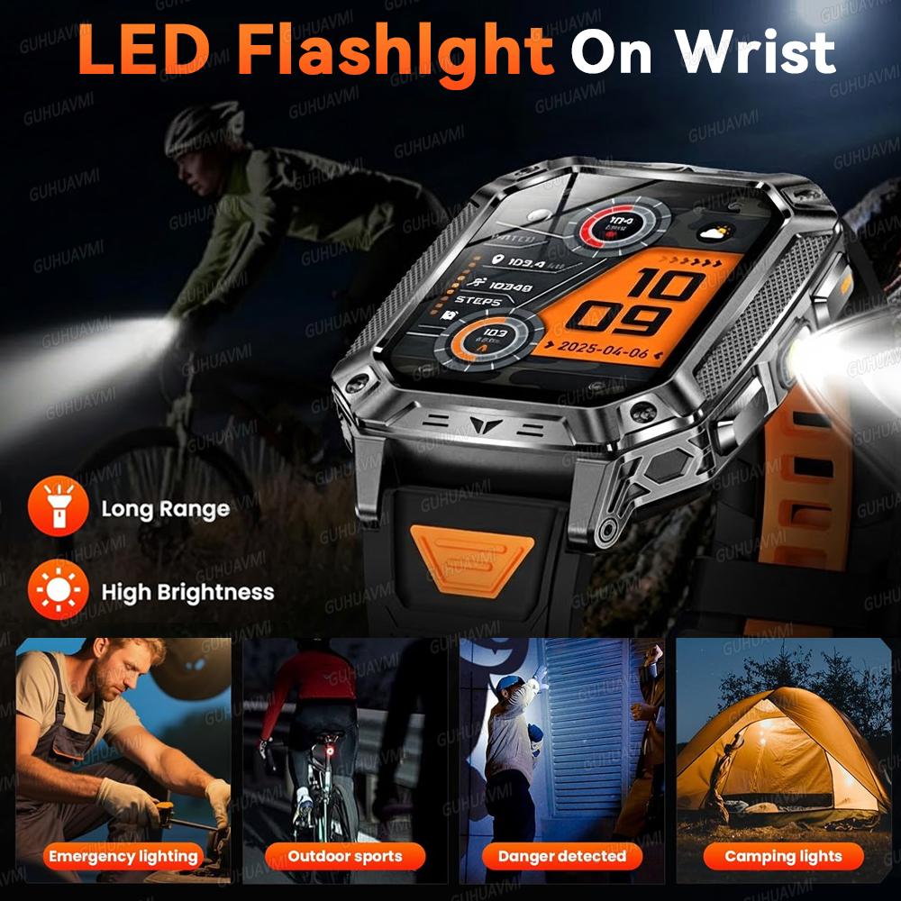 New Military 1400mAh Battery Smart Watch 2.01-inch AMOLED Screen LED Flashlight Waterproof BT Call Sports Smartwatch Men
