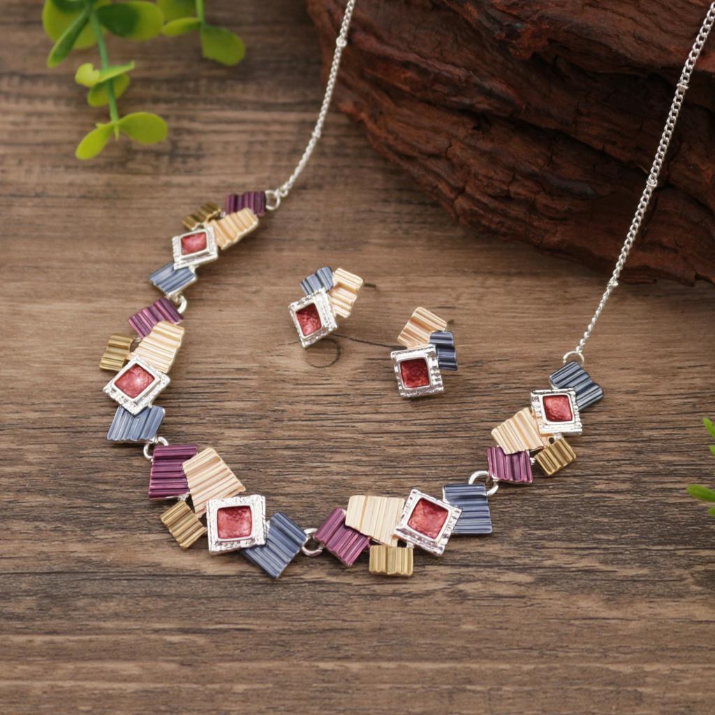 New Color Painting Oil Geometric Square Stud Earrings Necklace Set, Personalized Women's Square Neck Chain