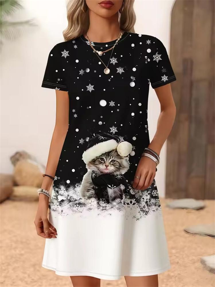 Christmas Cute Cats Print Dresses For Women 2025 Summer Fashion X-Mas Snowflake Clothing Casual Short Sleeve Loose A-Line Dress