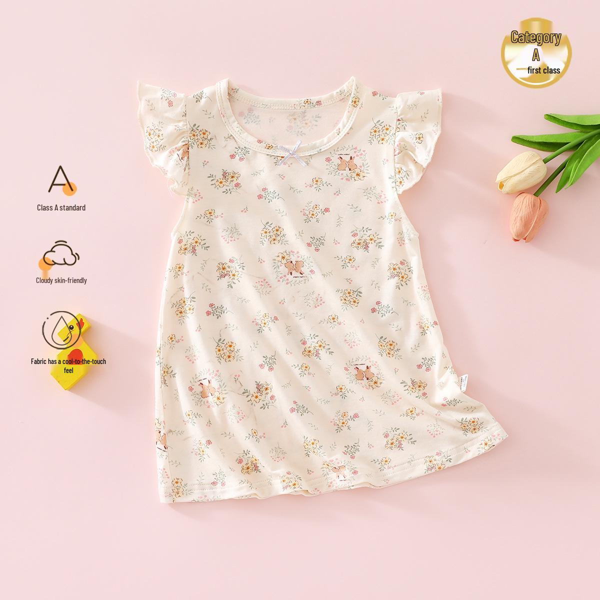 Infant Girls Flutter Sleeve Summer Nightgown Pajamas Size 80 (Height 60-70cm)