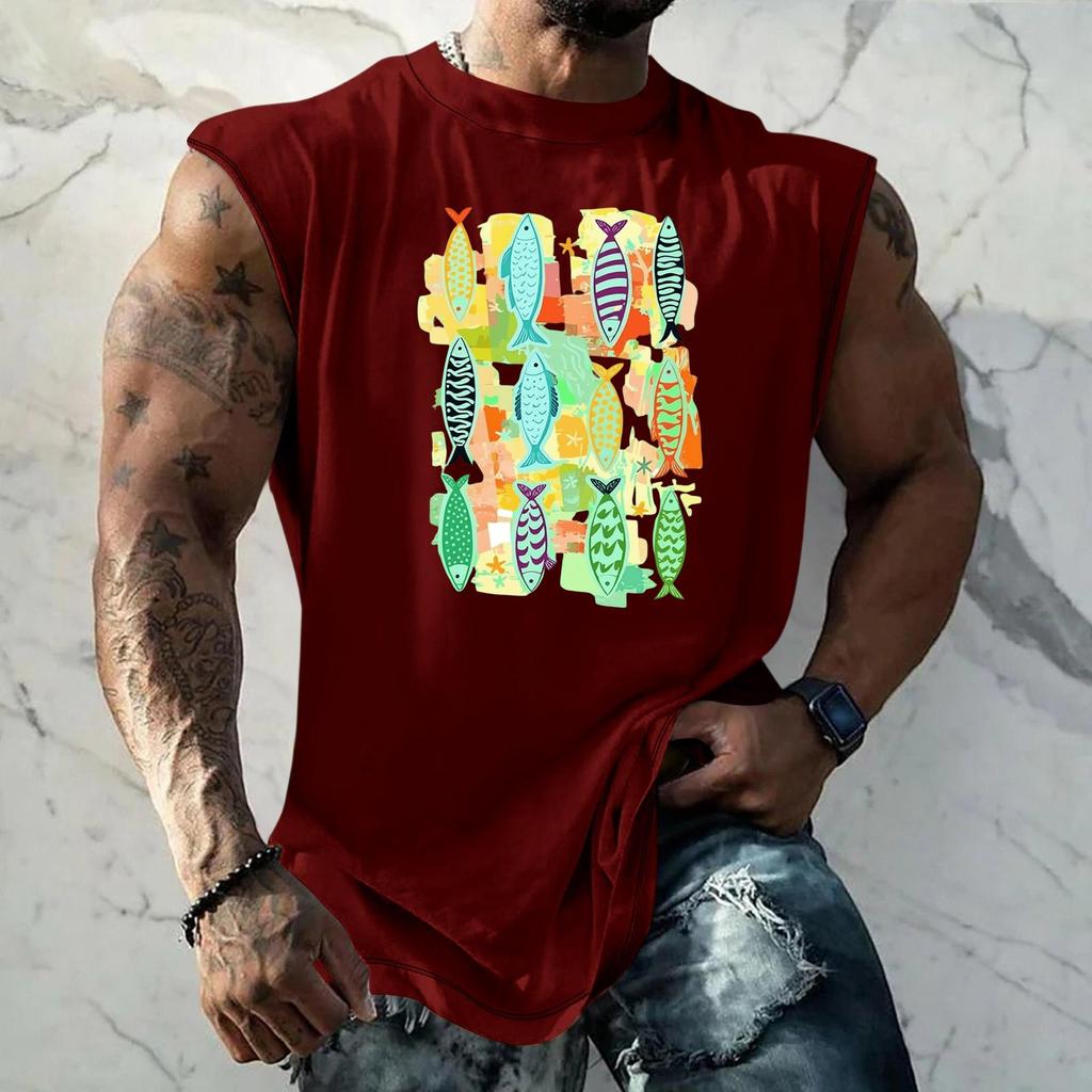 Men's Sleeveless Tank Top Loose Fit Vintage Texture Breathable Muscle Shirt Summer Streetwear Casual Daily Wear Printed Vest