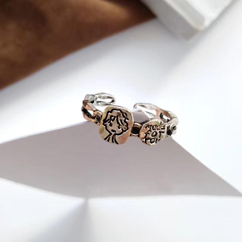 

S925 Korean Geometric Open Adjustable Ring: Carved Retro Little Girl Design платиновый