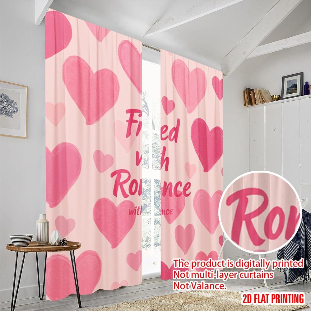 2 pièces Rideaux imprimés plats 2D Cœurs roses Romance Tissu polyester Sans électricité Utilisation pour fête d'anniversaire pour portraits de vacances