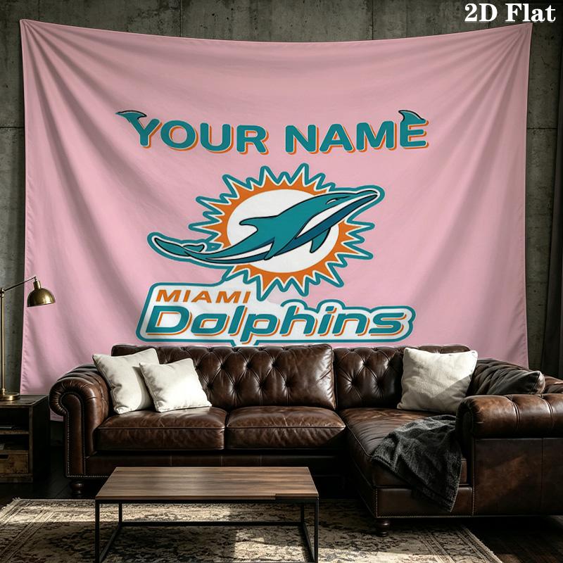 Benutzerdefiniertes Namensschild Miami Dolphins Bedruckter Wandteppich – Wandbehang für Schlafzimmer, Studentenwohnheime und Heimdekoration