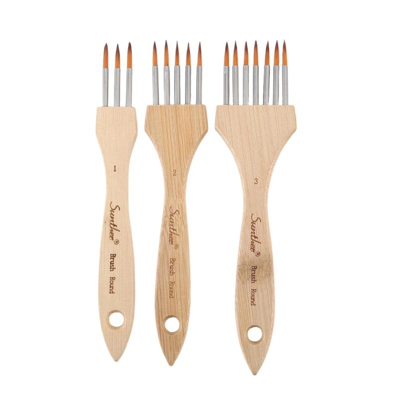 3Pcs Artist Paint Brush Set Multi Head Wood Handle Paint Brushes with Soft Nylon Bristles For Oil Watercolor Acrylic