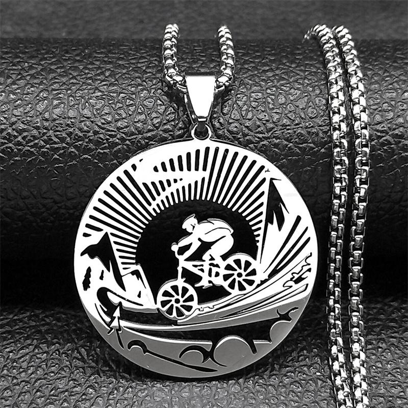 Cycling Man Road Pendant Necklace For Women Men Stainless Steel Gold Color Bicycle Sports Style Gap Travel Male Chain Jewelry