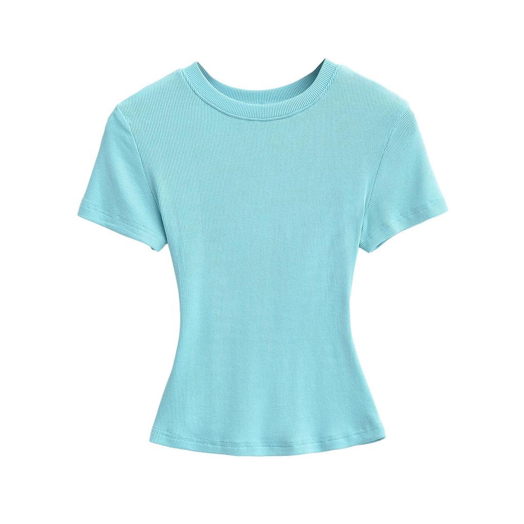 Women's Summer Stretch Slim Fit Ribbed Crop Top - Round Neck, Short Sleeve, Solid Color