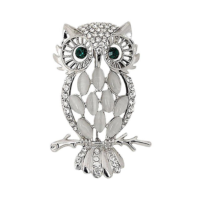 Korean Fashion Cat's Eye Stone Owl Brooch In Gold and Silver