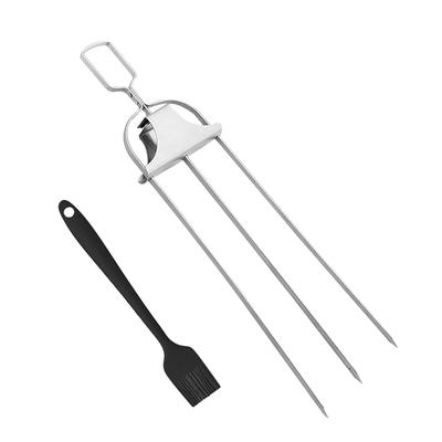 Semi Automatic Barbecue Forks Three Fork Kebab Grill Forks Stainless Steel 3 Way Barbecue Skewers Meat Grill Fork Metal Bbq